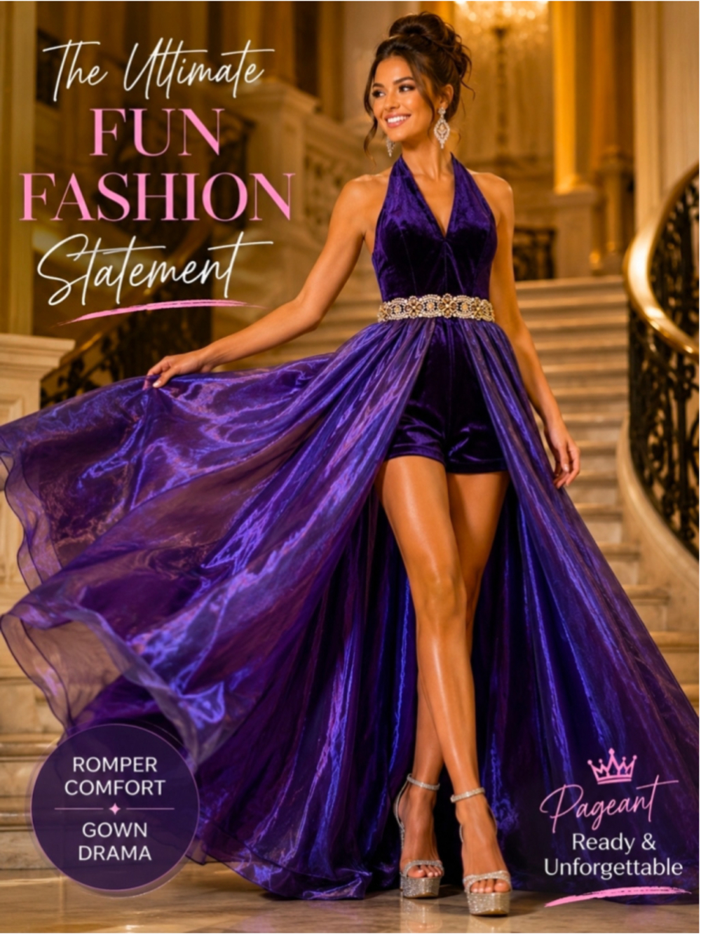 Mac Duggal Purple Halter Velvet Romper Gown with Beaded Waistband